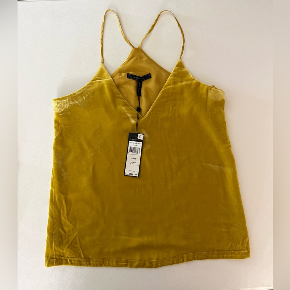 BCBBMaxazria Nadya Velvet Top Size XXS Women Cumin Gold Yellow Classic Cami - Picture 3 of 6